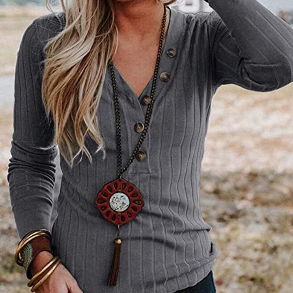 Long Sleeve V Neck Ribbed Button Knit Sweate